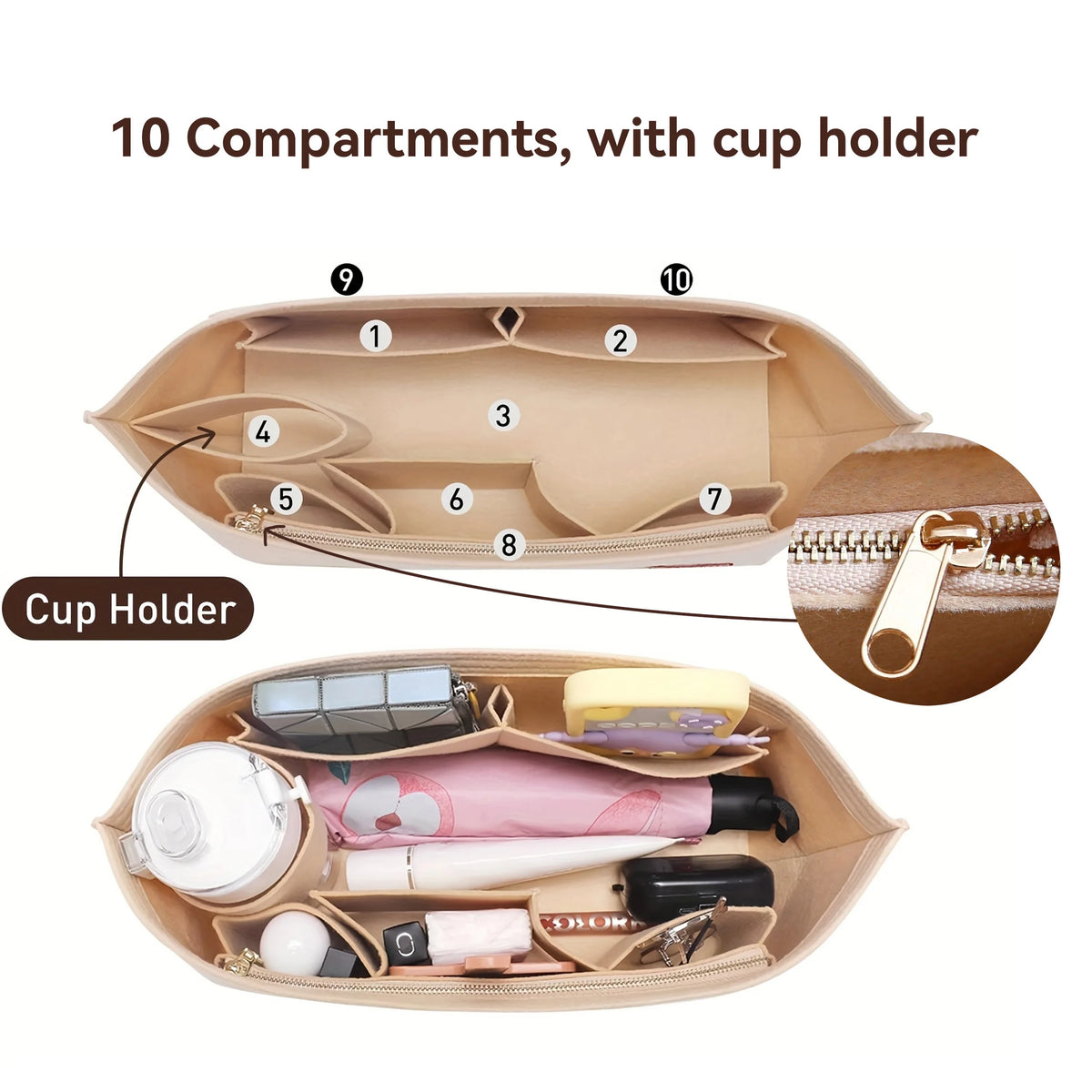 A beige felt purse organizer insert set showing 10 compartments and a cup holder feature.