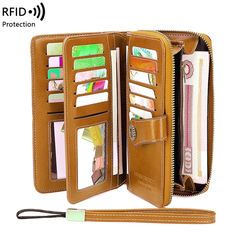 A brown RFID protection multi-card wallet with a leather wrist strap is displayed.