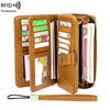 A brown RFID protection multi-card wallet with a leather wrist strap is displayed.