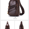 A brown genuine leather men's crossbody messenger bag shown from the face, front, back, side, and bottom angles.