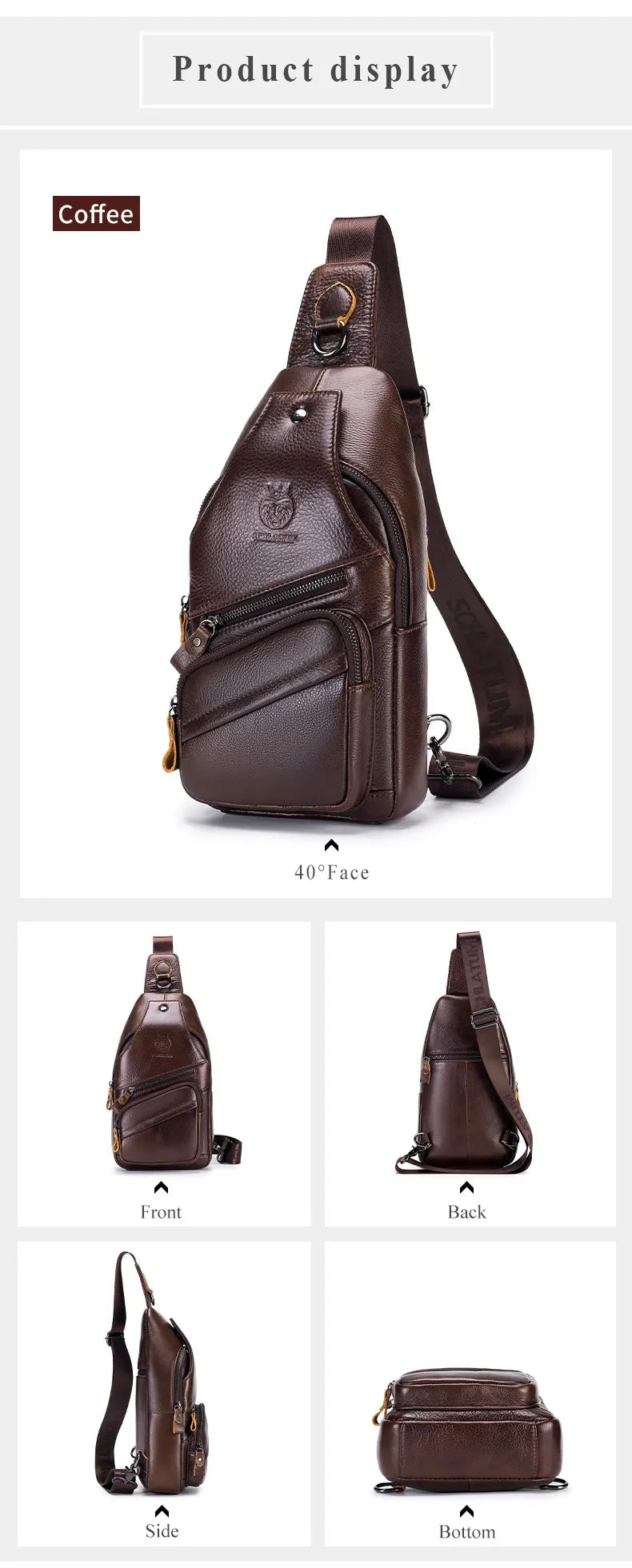 A brown genuine leather men's crossbody messenger bag shown from the face, front, back, side, and bottom angles.