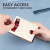 A hand holds an RFID-blocking slim leather wallet with a carbon fiber finish, demonstrating easy access to frequently used ca