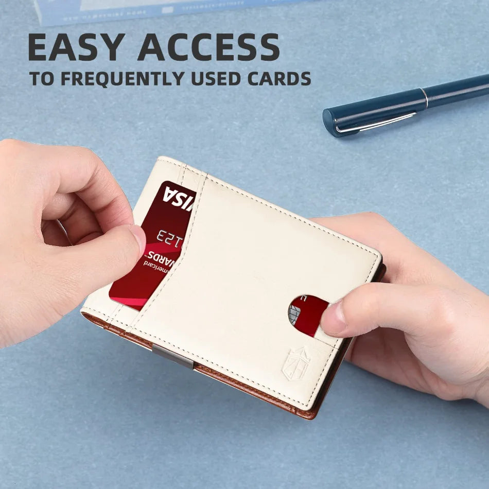 A hand holds an RFID-blocking slim leather wallet with a carbon fiber finish, demonstrating easy access to frequently used ca