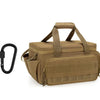 A tan heavy-duty multi-pocket tool bag with a black carabiner clip.