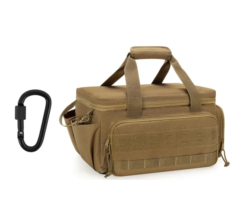 A tan heavy-duty multi-pocket tool bag with a black carabiner clip.