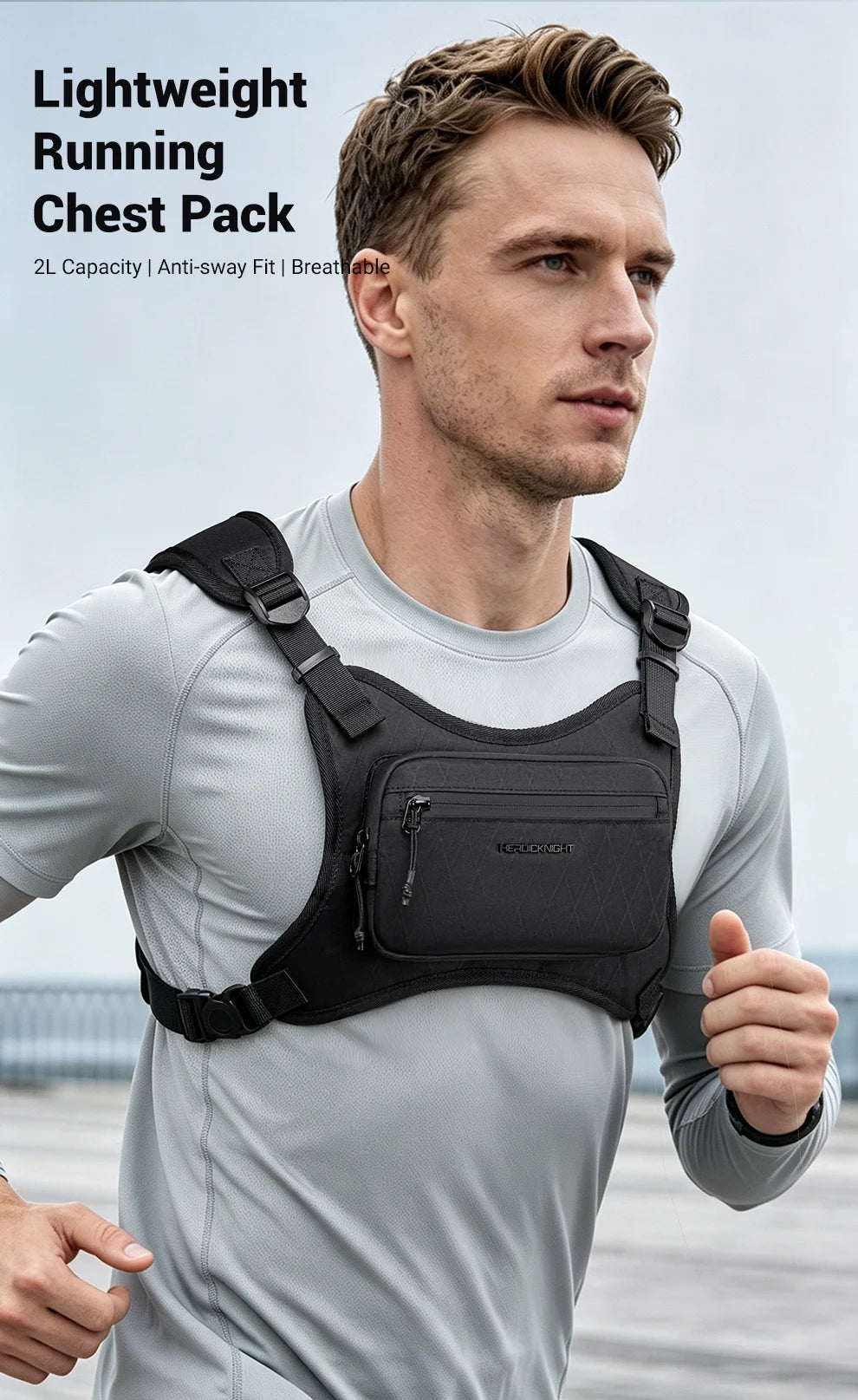 A man wearing a black lightweight running chest pack while exercising outdoors.