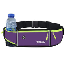 Black running belt with a purple strap and a clear water bottle pocket