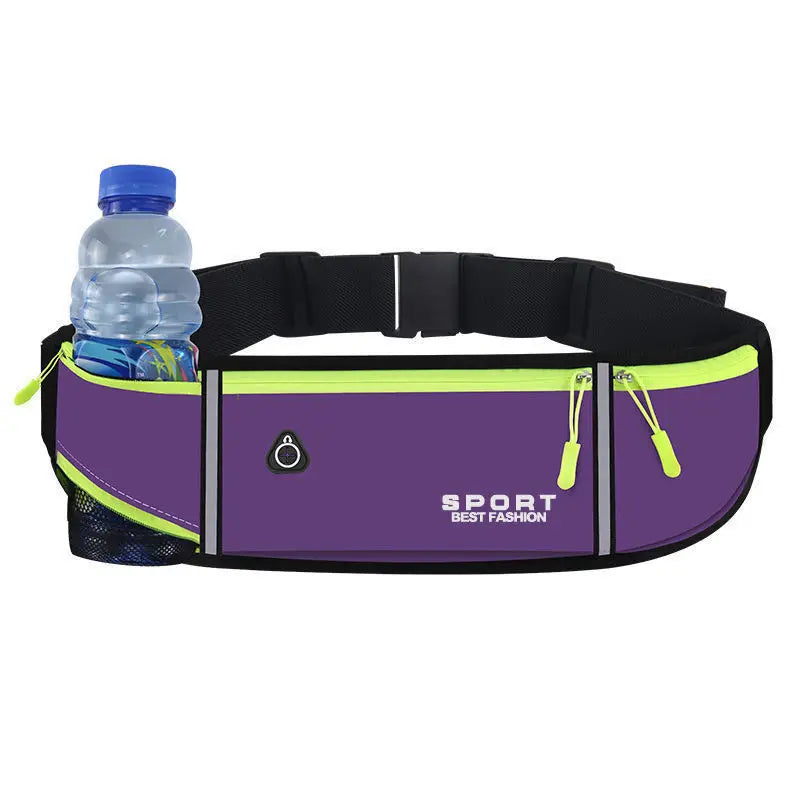 Black running belt with a purple strap and a clear water bottle pocket