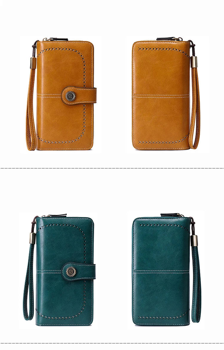 A pair of RFID anti-theft multi-card wallets in tan leather and dark green leather, both featuring wrist straps.