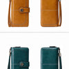 A pair of brown and dark green RFID anti-theft multi-card wallets with wrist straps shown side by side.