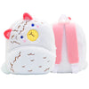 White cartoon animal plush backpack with pink accents and yellow features