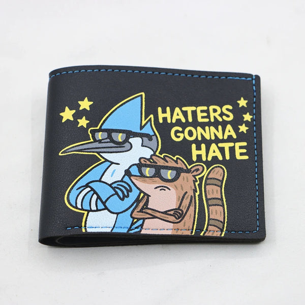 A black PU wallet featuring a cartoon illustration of a blue bird with a spiky head and sunglasses, with the text Haters Gonn