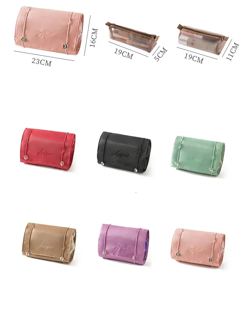 A collection of portable detachable makeup bags in various colors including pink, red, black, green, and purple.