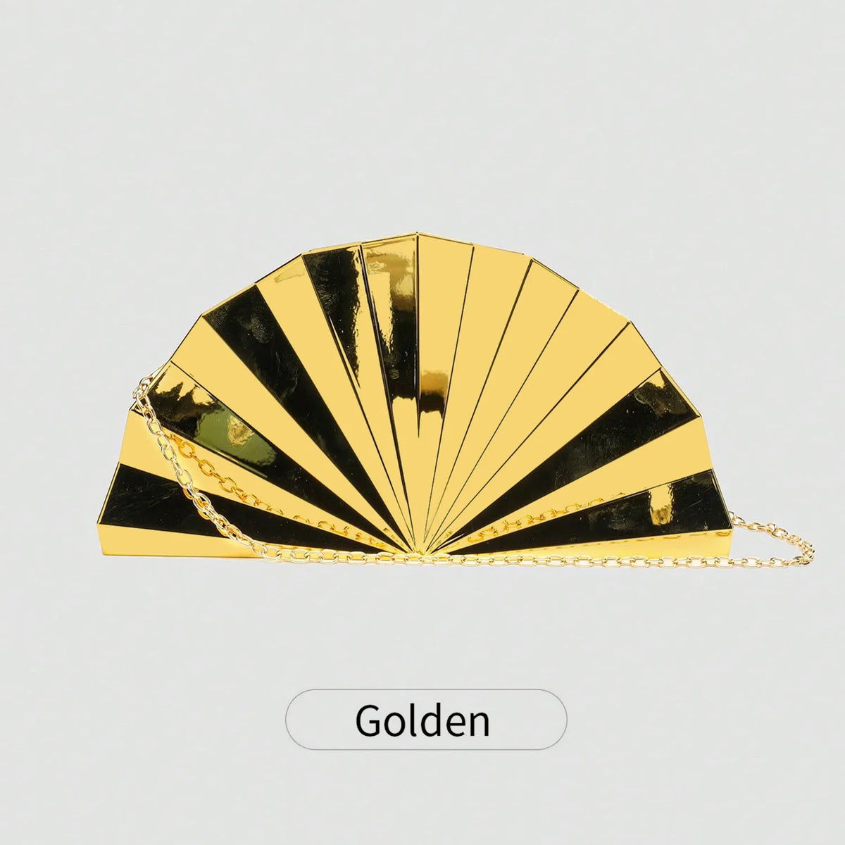 Golden acrylic chain crossbody bag with a pleated fan design.