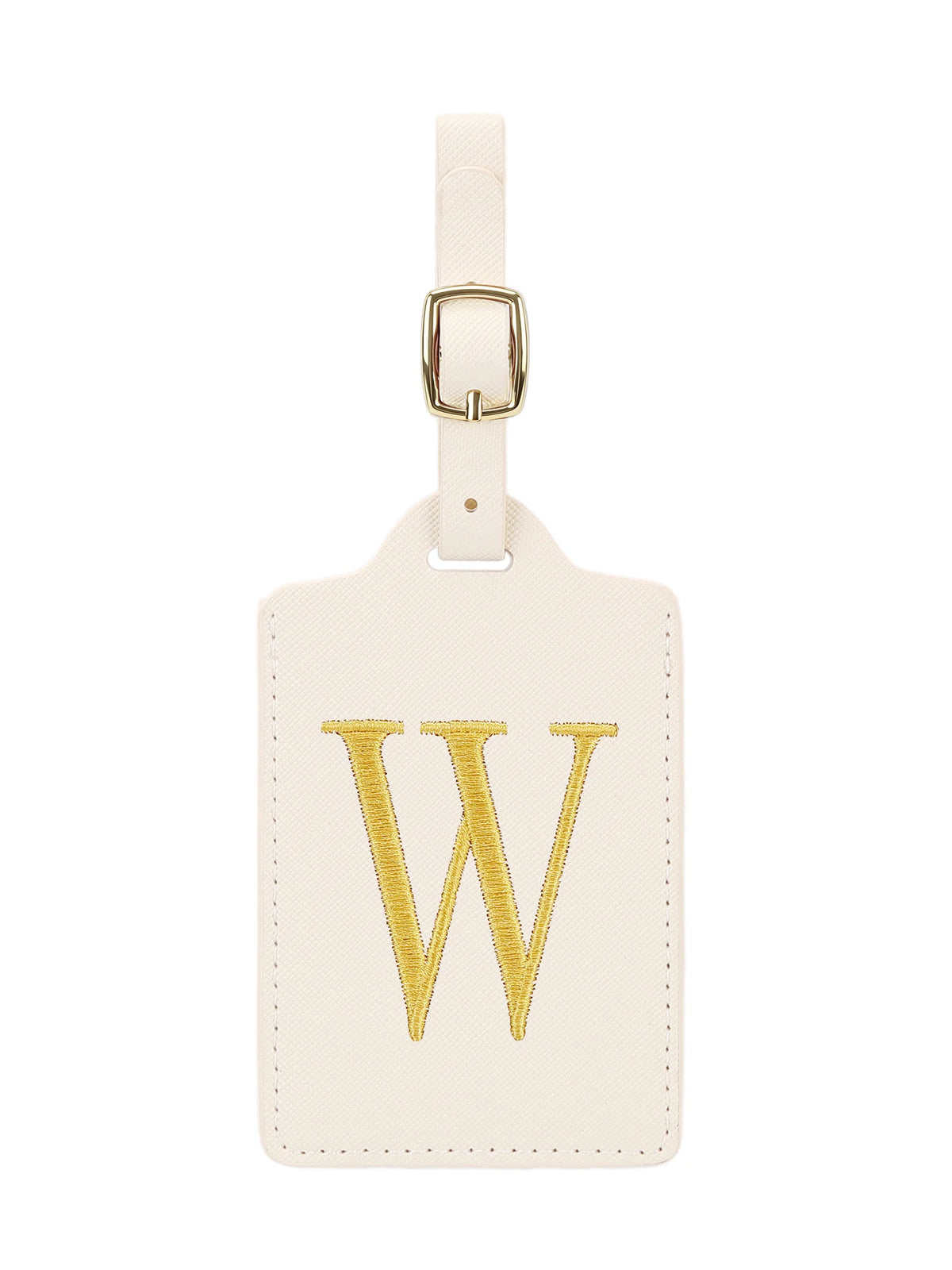 Étiquette de bagage en cuir crème rectangulaire avec un W brodé en or et un clip métallique argenté.