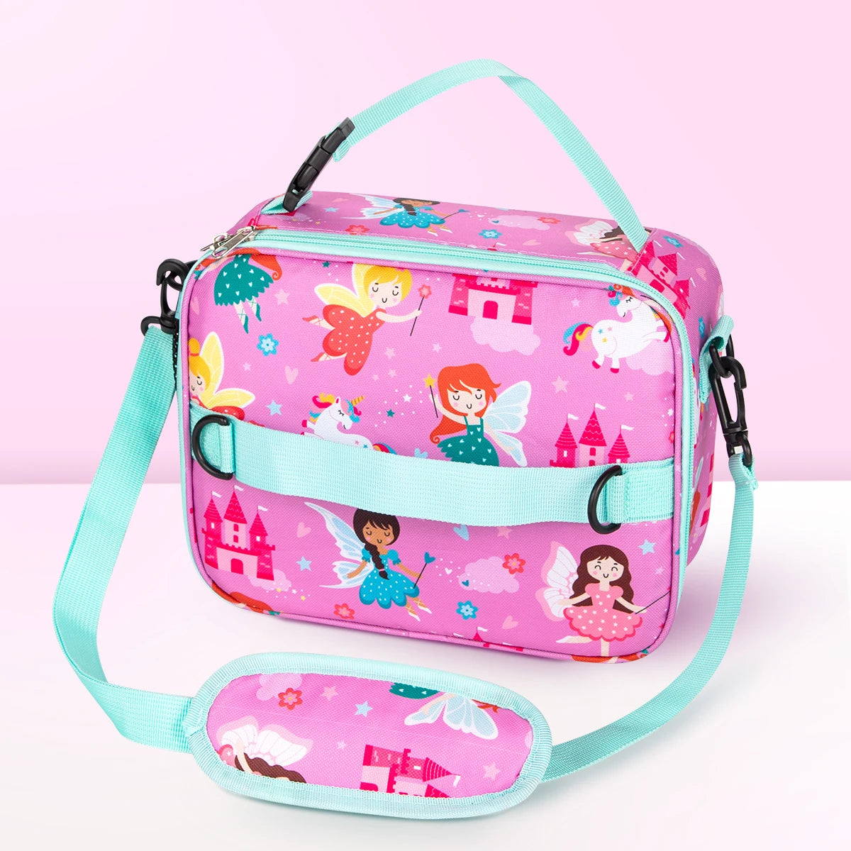 Bolsa térmica rosa de dibujos animados con correa de hombro azul verdoso con diseños de princesa y hada.