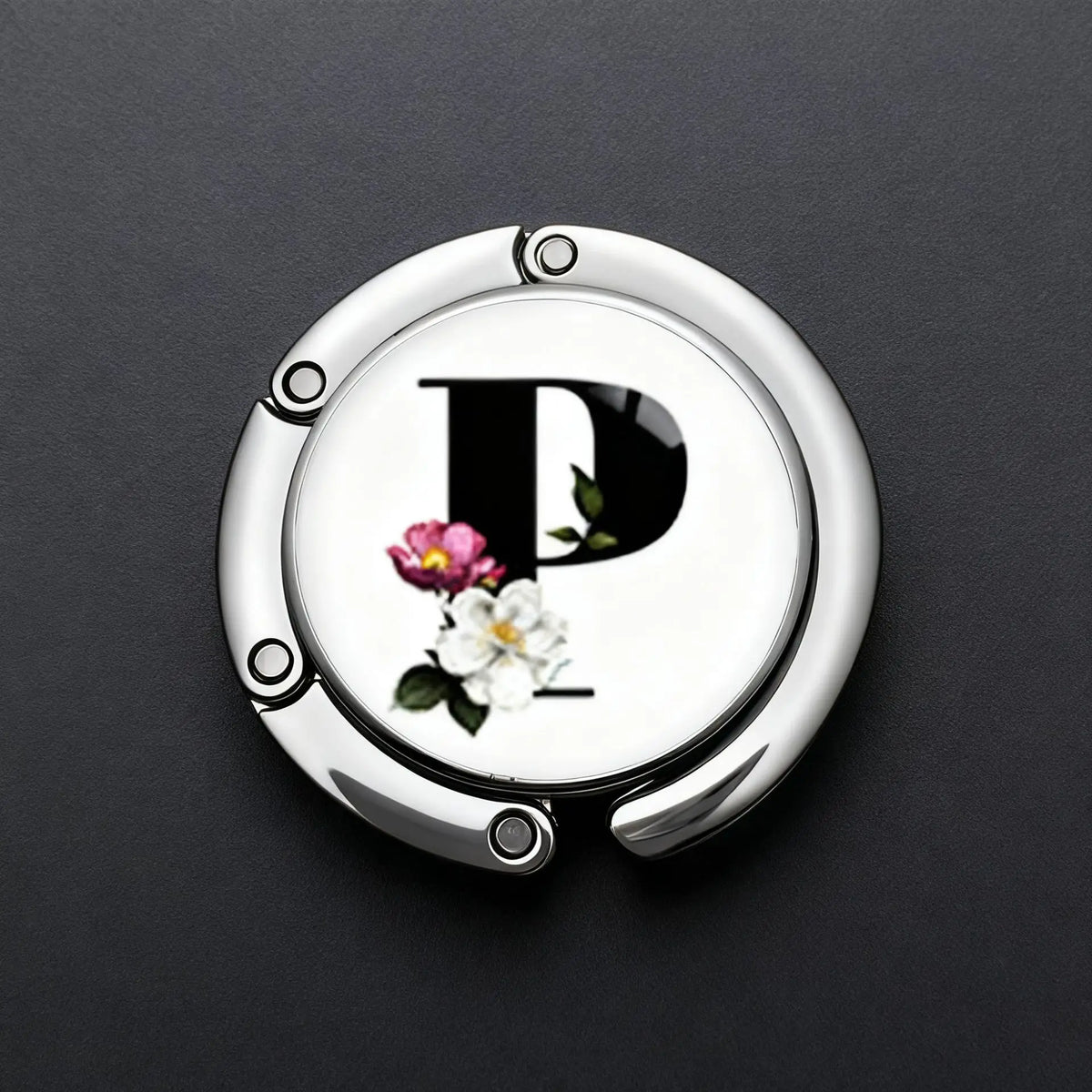 Silver foldable letter hanger hook with a pink and white flower design
