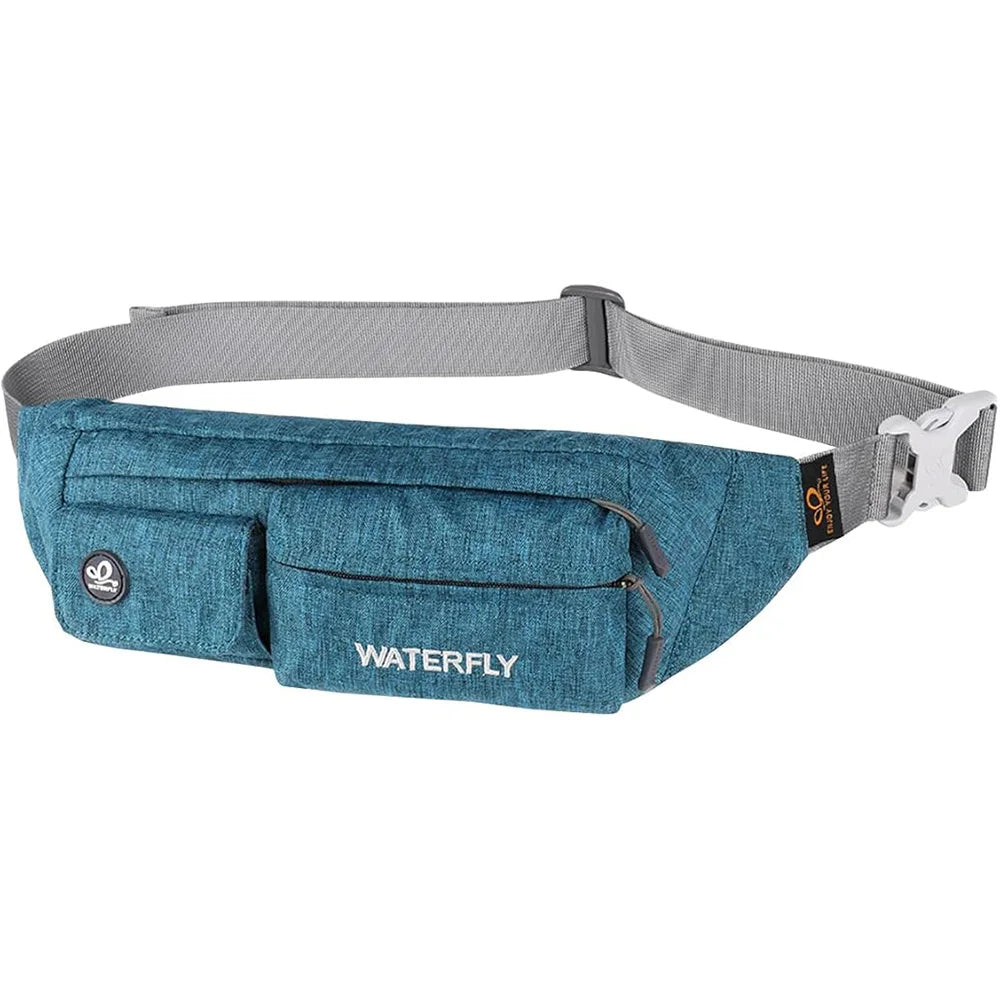 A teal fabric waist bag with a gray strap and silver buckle, featuring multiple pockets.