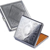 Silver decorative metal cigarette storage box with intricate patterns and a wooden tray.