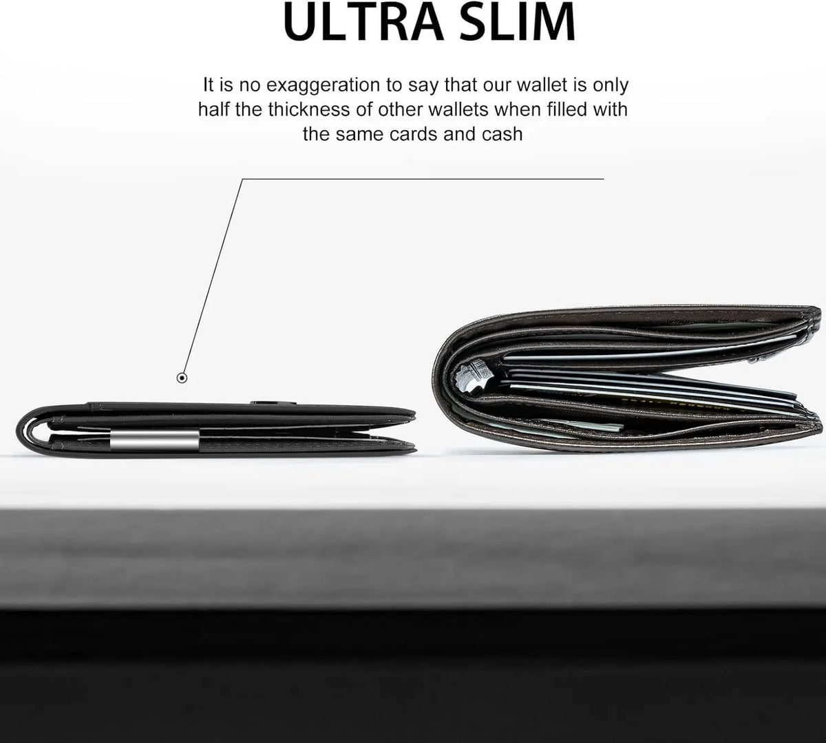A black slim leather card holder is shown lying on a white surface.