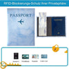 A blue passport card holder featuring a passport design and various travel documents like ID cards and credit cards.