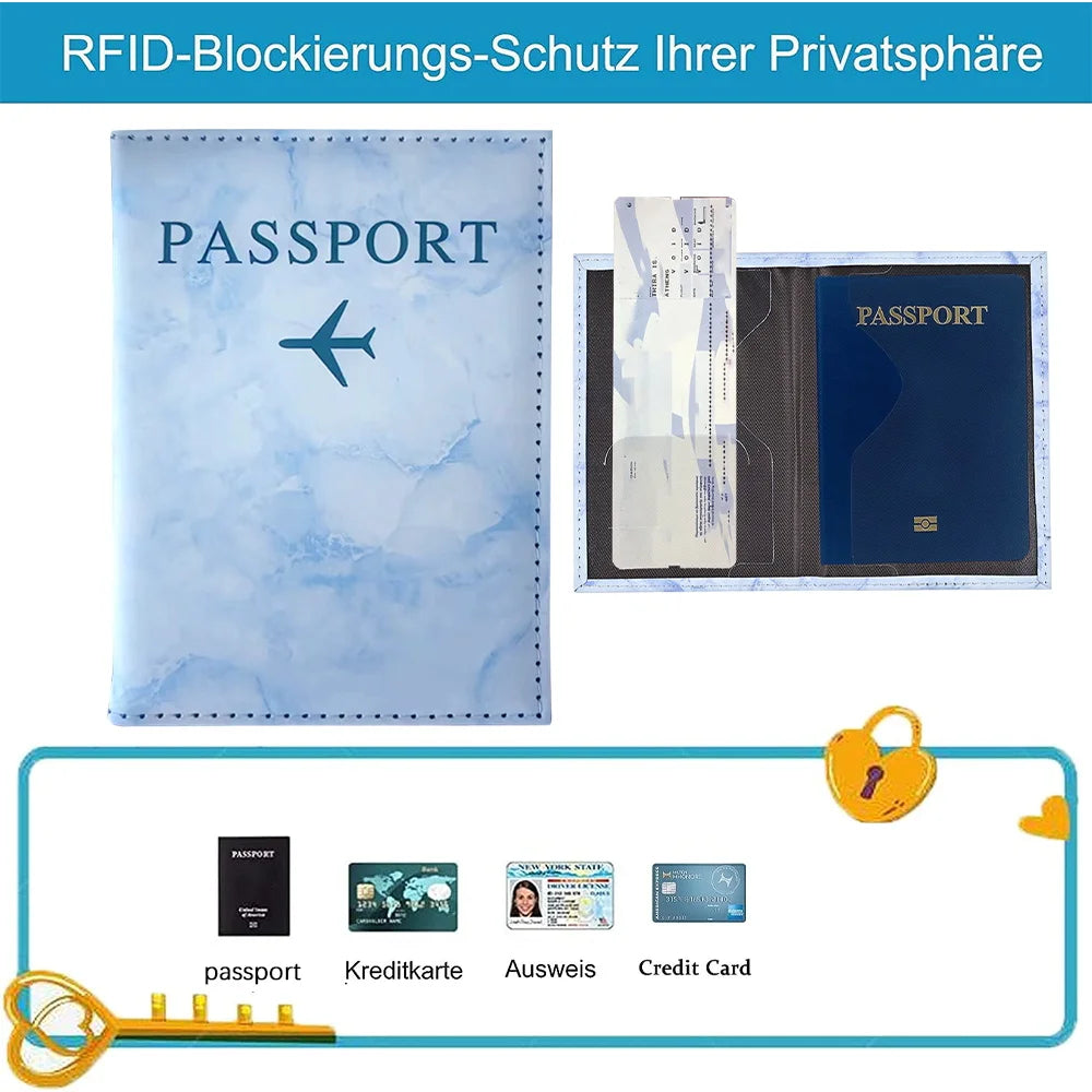 A blue passport card holder featuring a passport design and various travel documents like ID cards and credit cards.