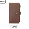 A brown leather RFID protection bi-fold wallet with a gold-colored clasp, labeled for coffee.