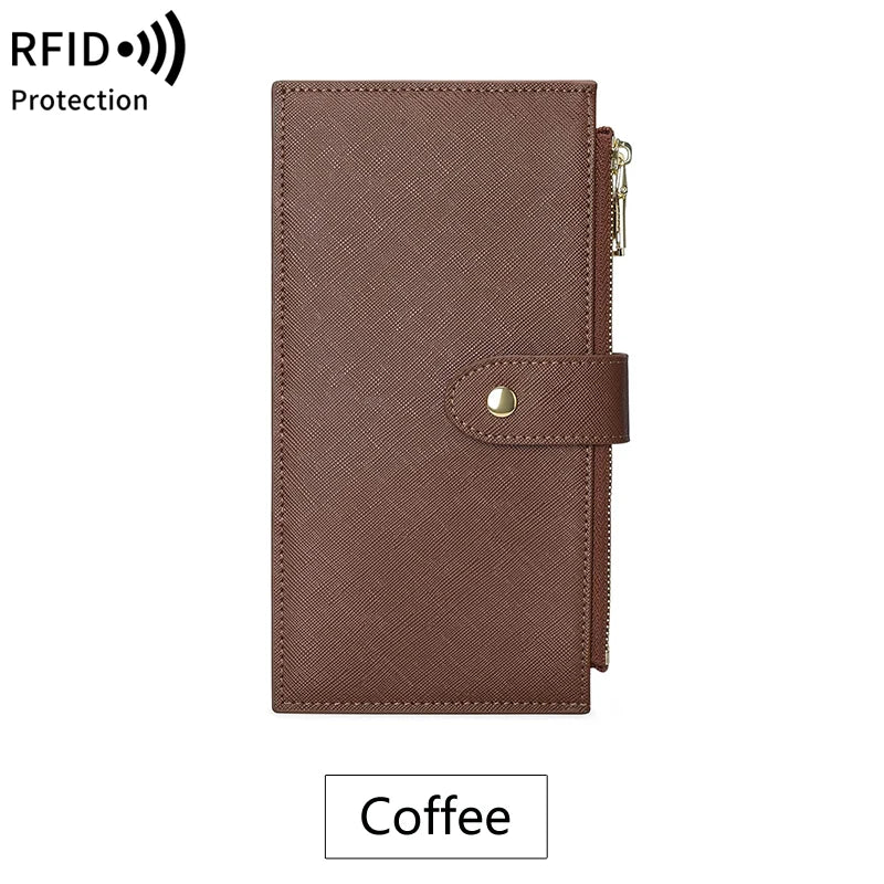A brown leather RFID protection bi-fold wallet with a gold-colored clasp, labeled for coffee.