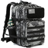 A gray and black tactical backpack with a MOLLE system and laptop compartment.