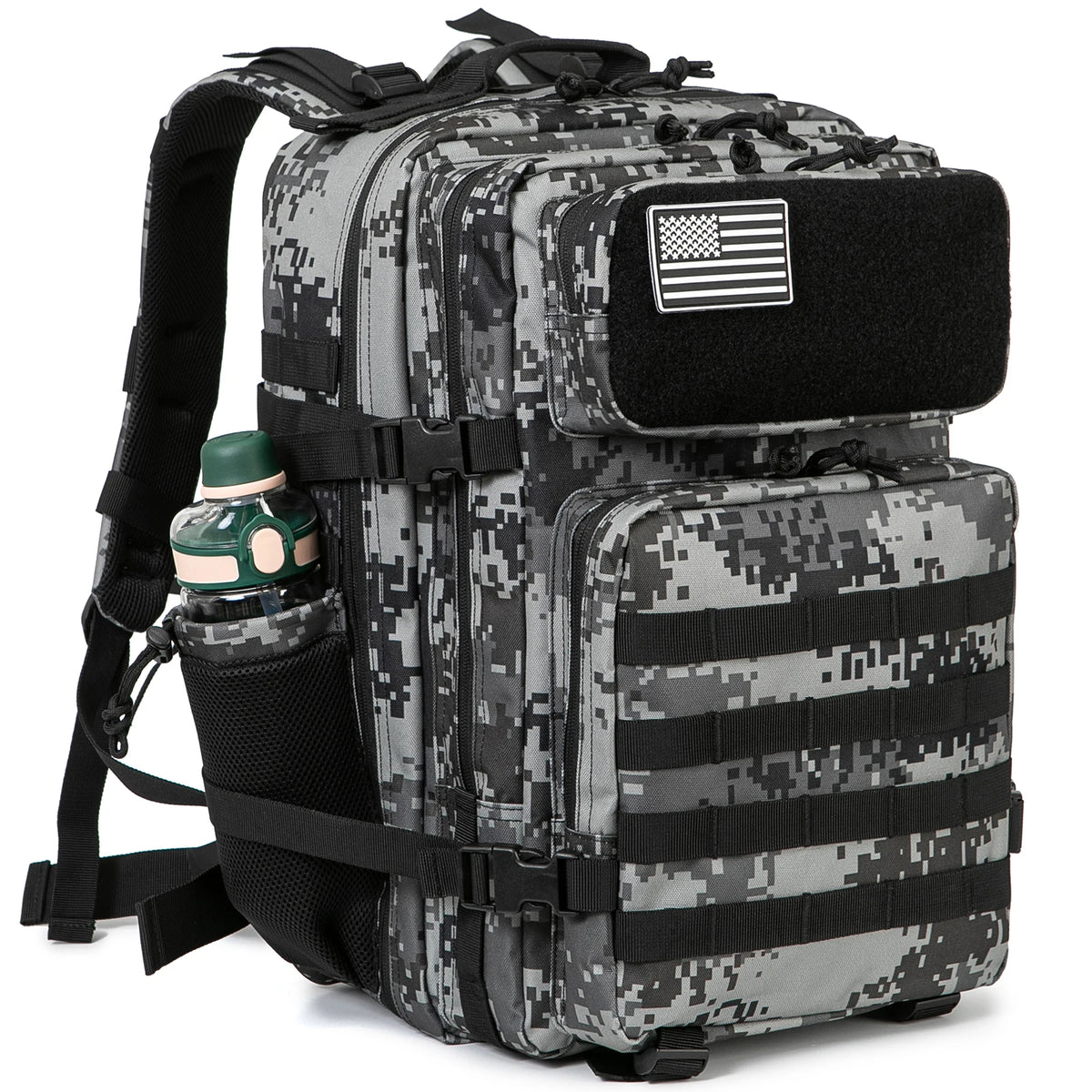 A gray and black tactical backpack with a MOLLE system and laptop compartment.