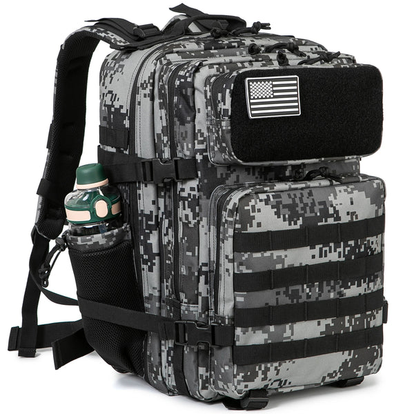 A gray and black tactical backpack with a MOLLE system and laptop compartment.