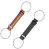 A colorful, striped nylon luggage strap with circular ends.