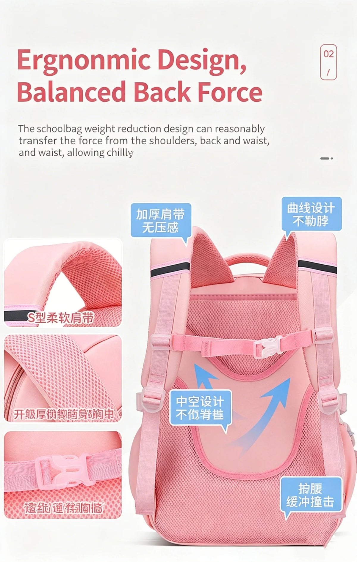 Pink lightweight children's school backpack showing ergonomic design features and back force distribution.