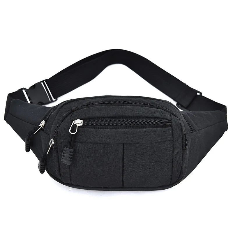 Black canvas waist fanny bag with adjustable strap and zipper