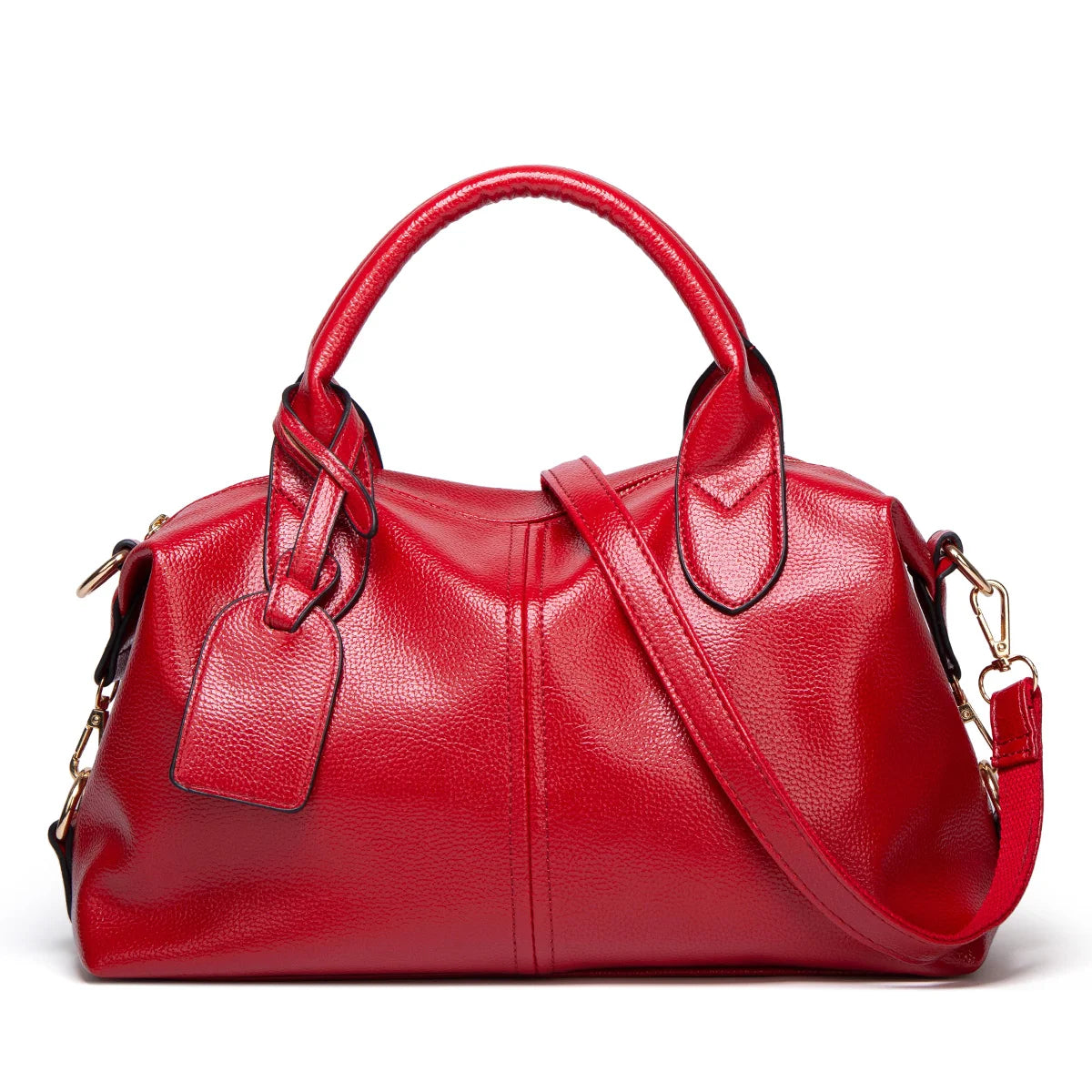 A red faux leather Boston handbag with a curved handle and flap closure is shown against a white background.