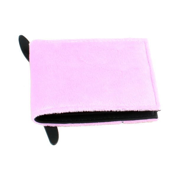 Pink faux fur anime embroidered card wallet with black lining
