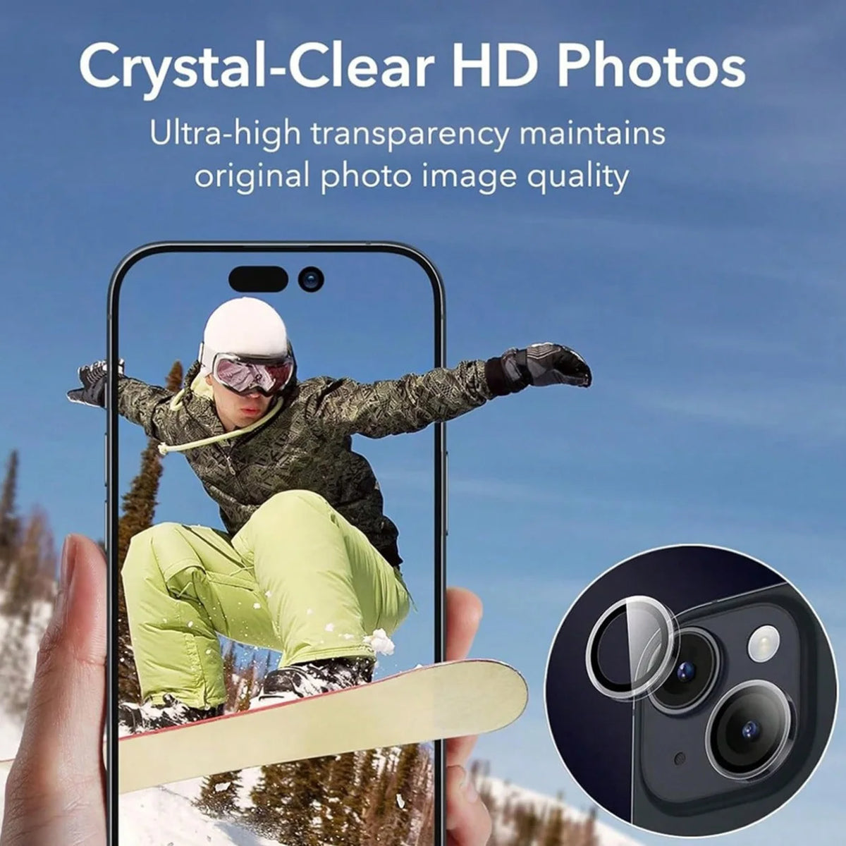 A hand holds a smartphone displaying a crystal-clear photo of a person in winter gear, with a close-up view of the screen pro