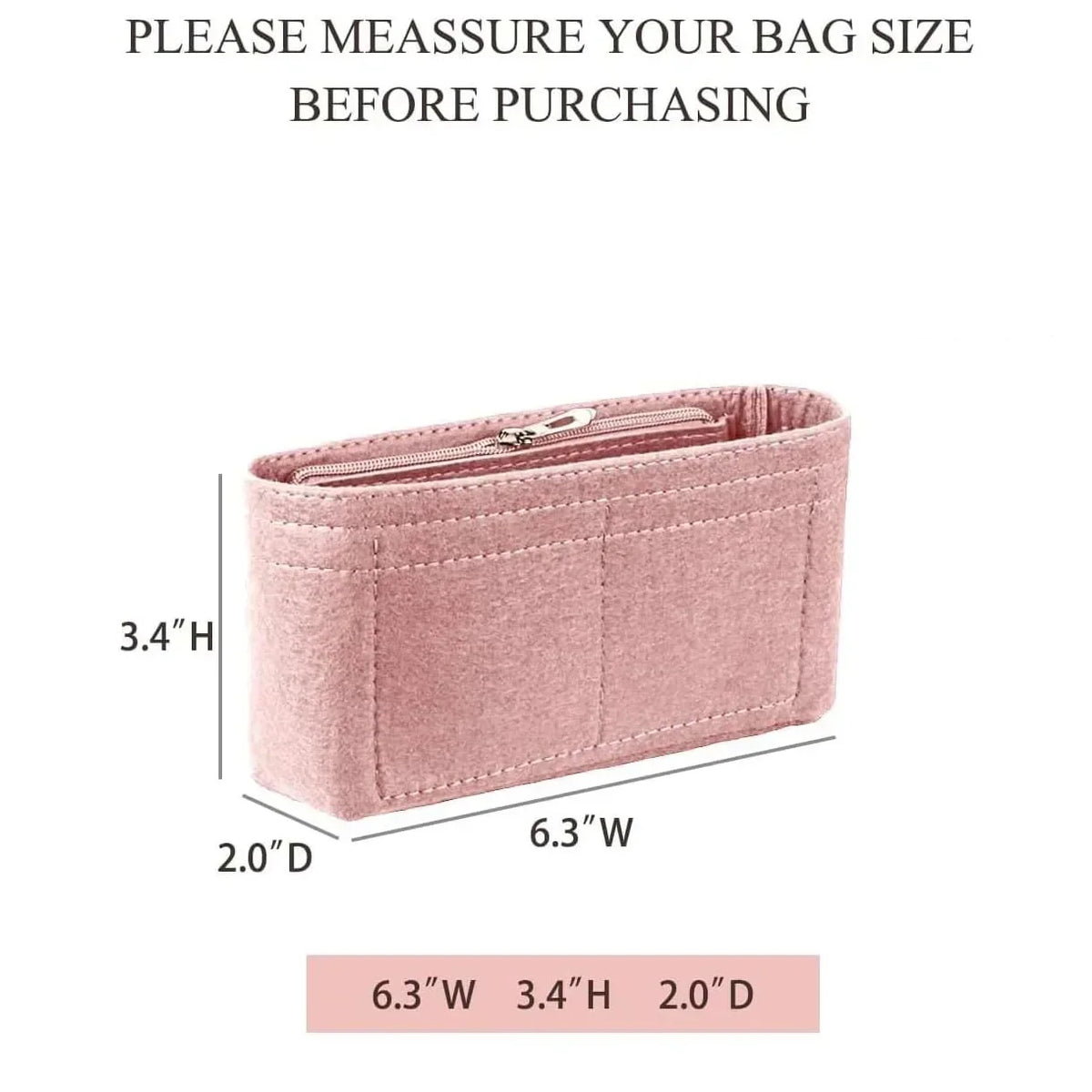 Organisateur de sac en tissu rose mesurant 16 cm de large, 8.6 cm de haut et 5 cm de profondeur.
