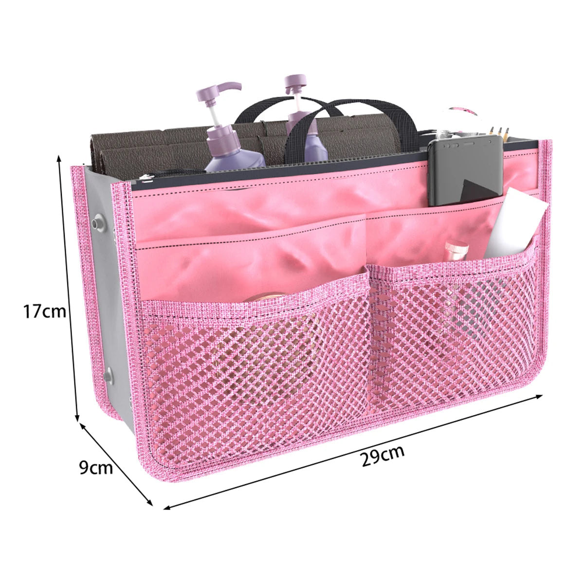 A pink multi-pocket organizer tote bag for cosmetics and essentials with various compartments.