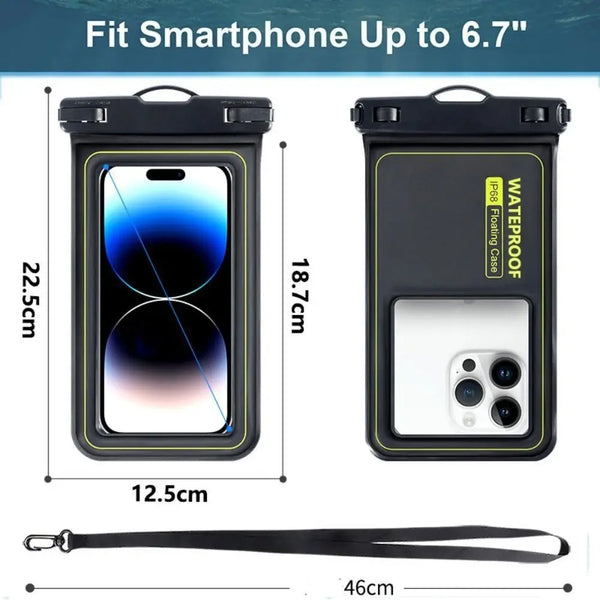 Black waterproof phone case with a detachable strap shown next to a smartphone.