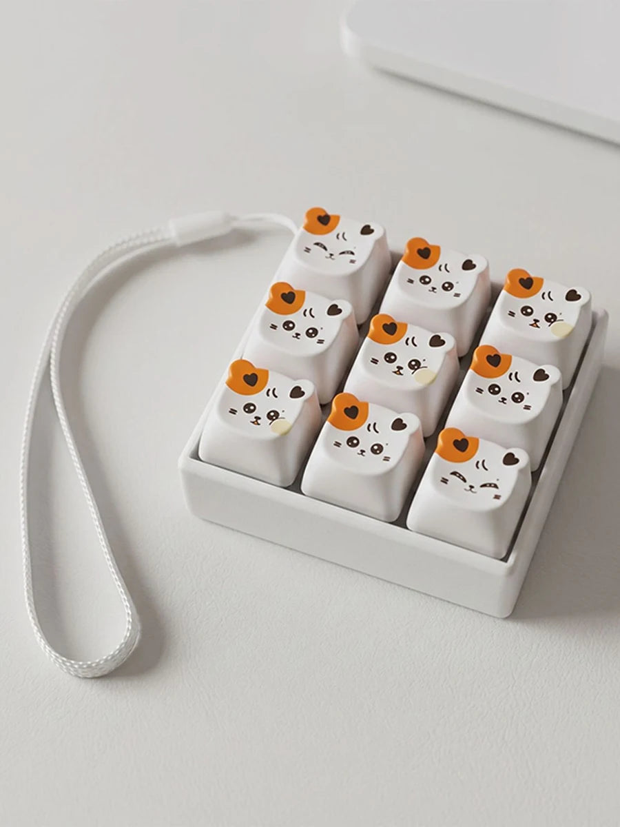 A set of white kawaii cat keycap fidget toys arranged in a rectangular holder with white elastic strings.