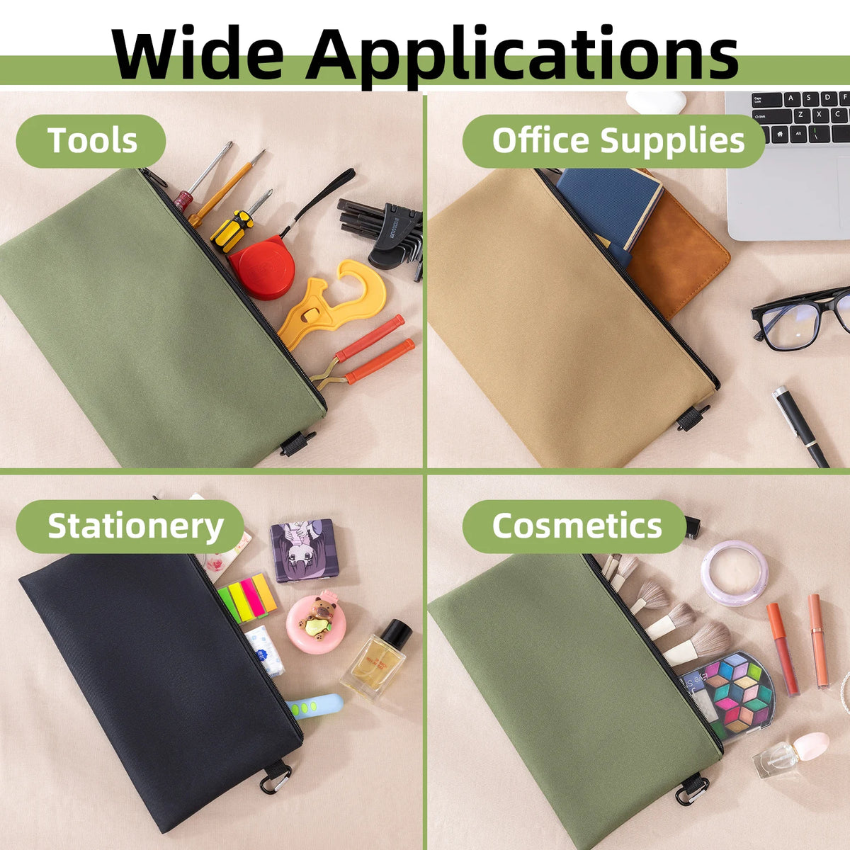 A multi-functional organizer tool kit bag shown with various items like tools, office supplies, stationery, and cosmetics.