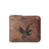 A brown embossed PU leather slim wallet with a silver zipper and an eagle design on the front.