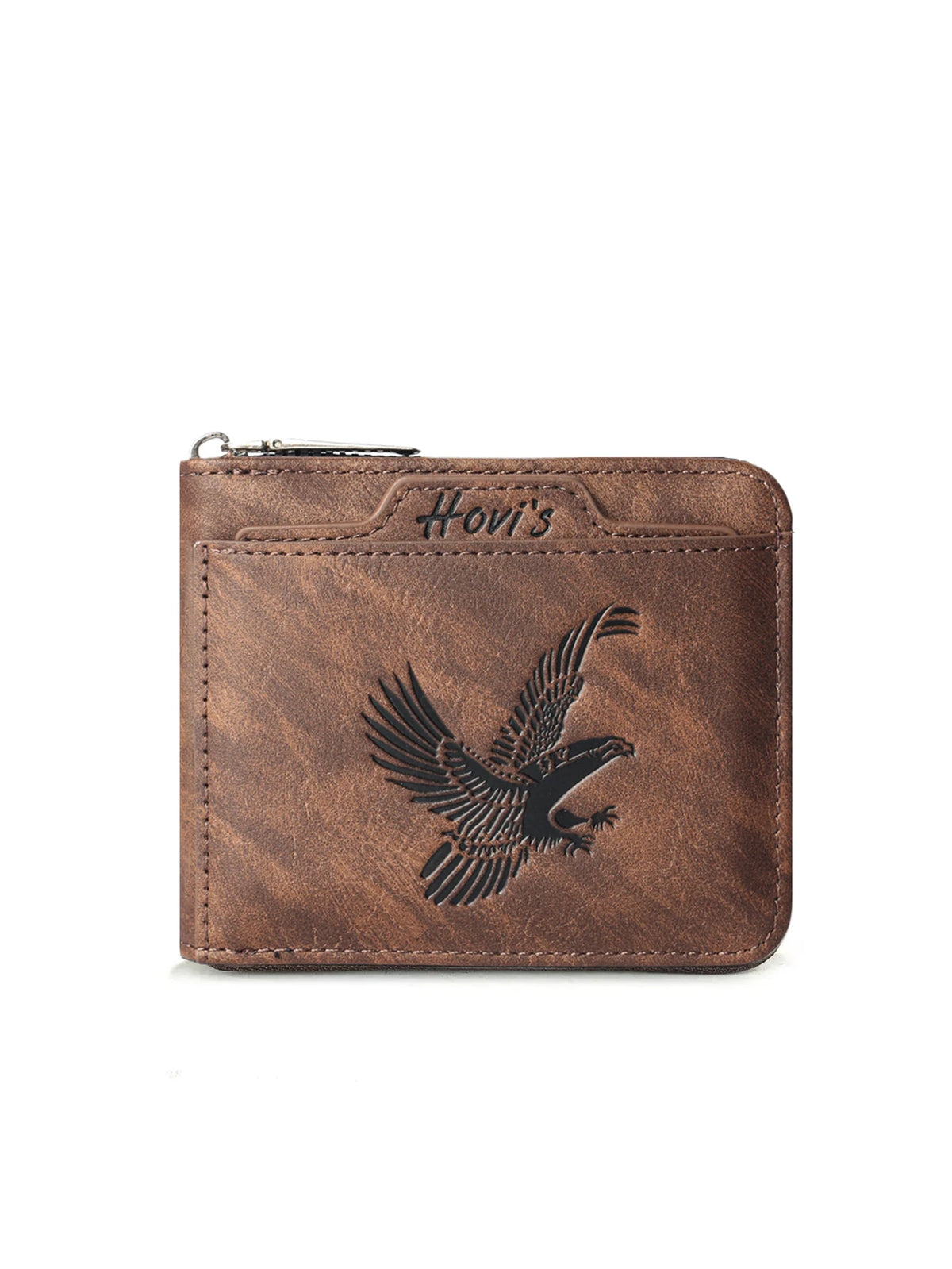 A brown embossed PU leather slim wallet with a silver zipper and an eagle design on the front.