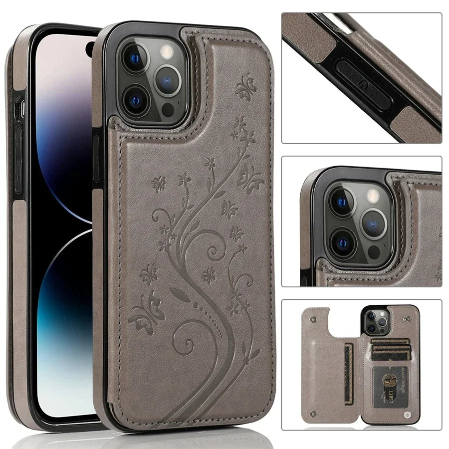 A light gray leather wallet flip case for an iPhone, shown with and without the phone.