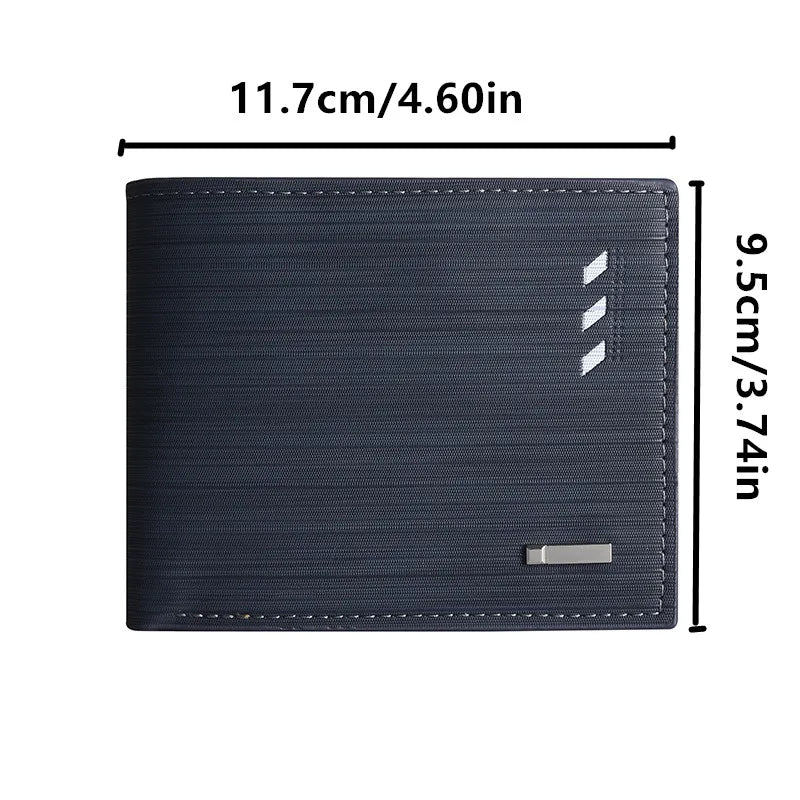 Cartera de cuero sintético azul oscuro para hombre, con múltiples compartimentos, dimensiones 11.7cm x 9.5cm.