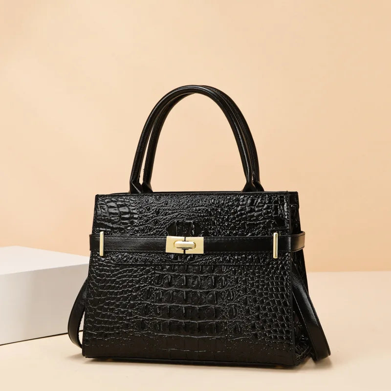 Black crocodile embossed PU leather shoulder handbag with gold hardware