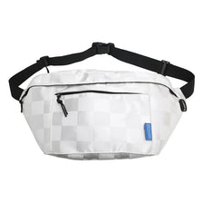 A white unisex fashion chest bag with black straps and a zippered pocket.