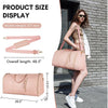 A pink foldable multi-function garment duffle bag displayed next to a model, showing its size and features.