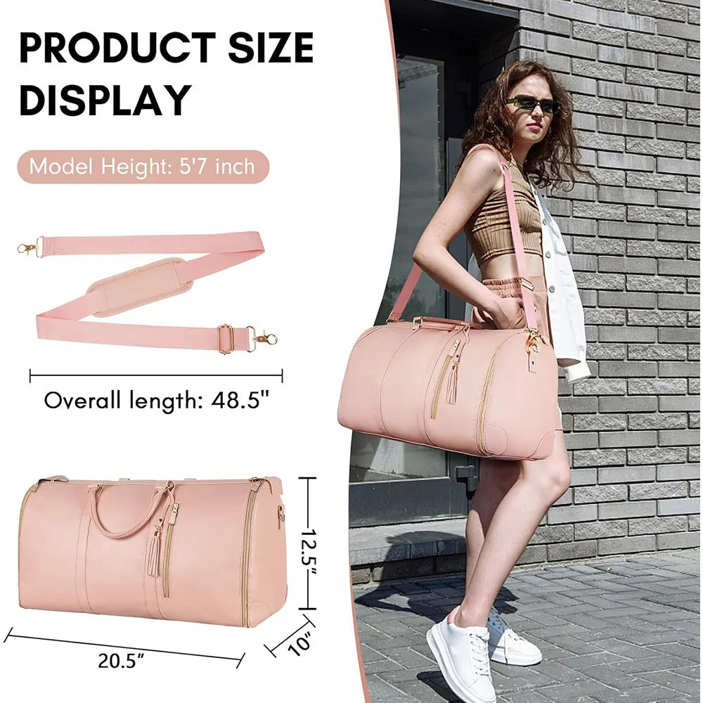 A pink foldable multi-function garment duffle bag displayed next to a model, showing its size and features.